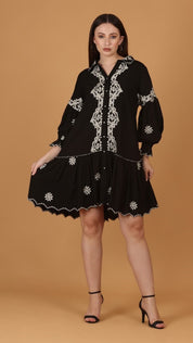 Women Viscose Printed Embroidery And Beads Work Mini Dress (BLACK)