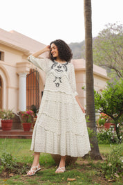 Women White Rayon Crepe Black Embroidered Frill Detailing Dress