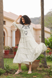 Women White Rayon Crepe Black Embroidered Frill Detailing Dress