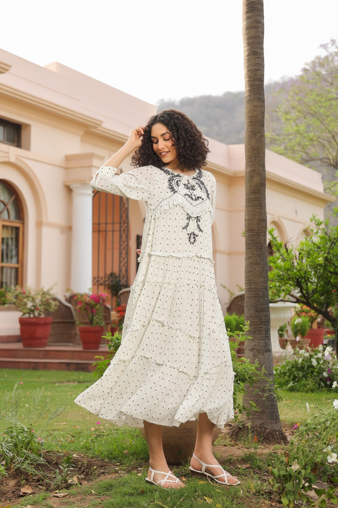 Women White Rayon Crepe Black Embroidered Frill Detailing Dress