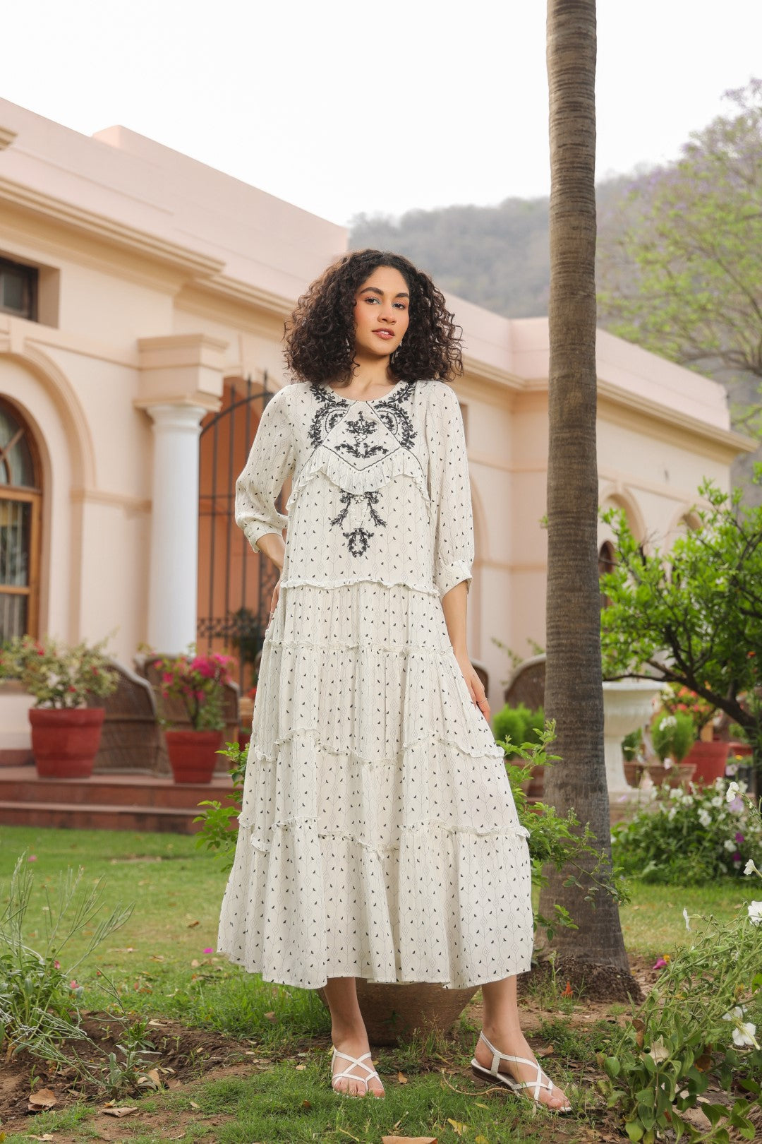 Women White Rayon Crepe Black Embroidered Frill Detailing Dress