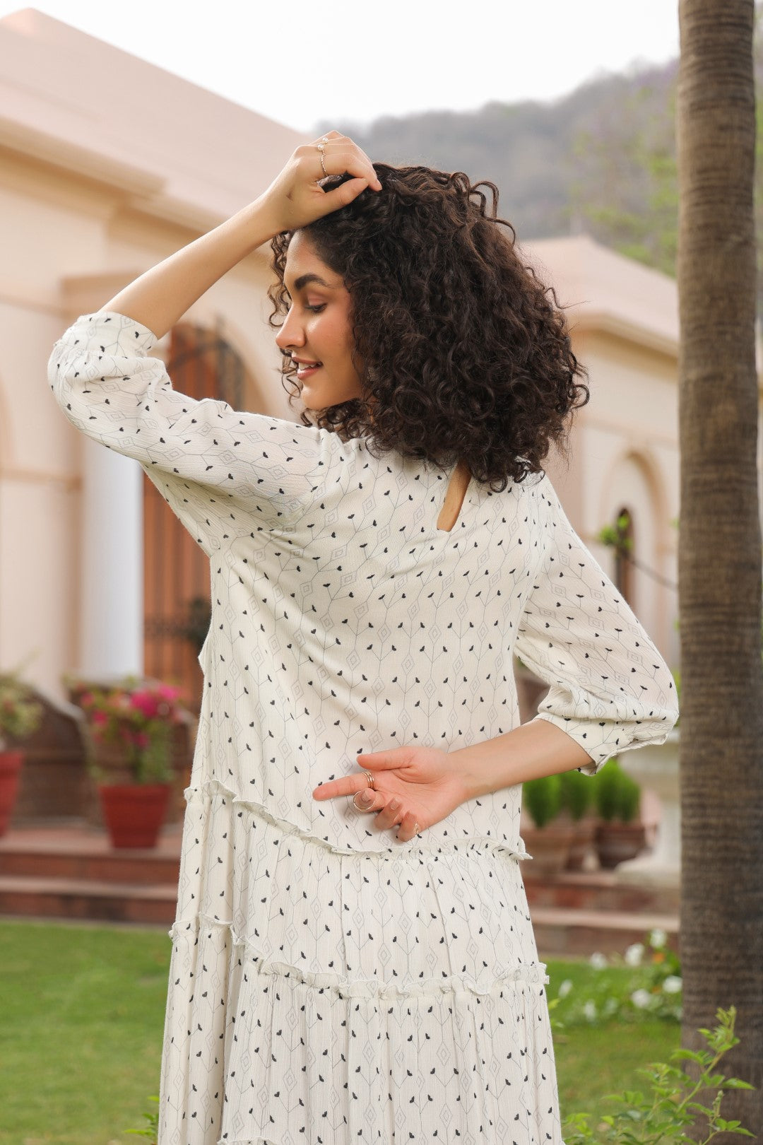 Women White Rayon Crepe Black Embroidered Frill Detailing Dress