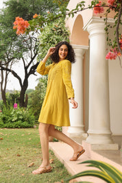 Women Mustard Cotton Dobby Jacquard Cut Work Embroidered Beads Work Midi Dress