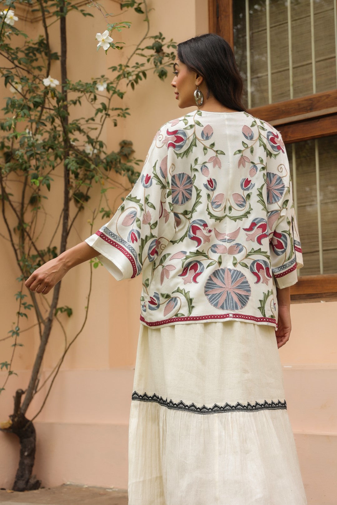 Women White Rayon Printed Embroidered Shrug