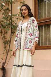 Women White Rayon Printed Embroidered Shrug