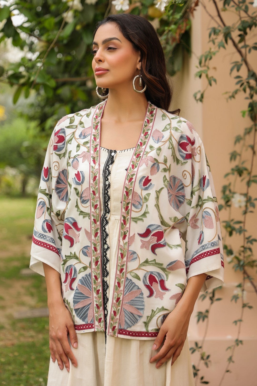 Women White Rayon Printed Embroidered Shrug