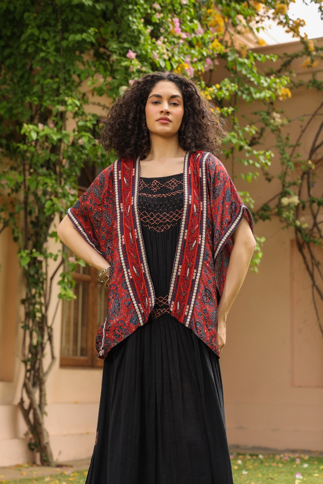 Women Viscose Printed Embroidery Beads Work Shrug