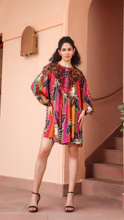 Women Viscose Shantoon Cut Work Embroidery And Beads Work Mini Dress