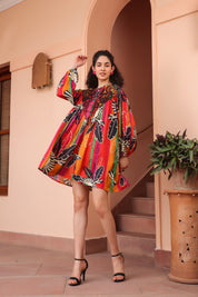 Women Viscose Shantoon Cut Work Embroidery And Beads Work Mini Dress