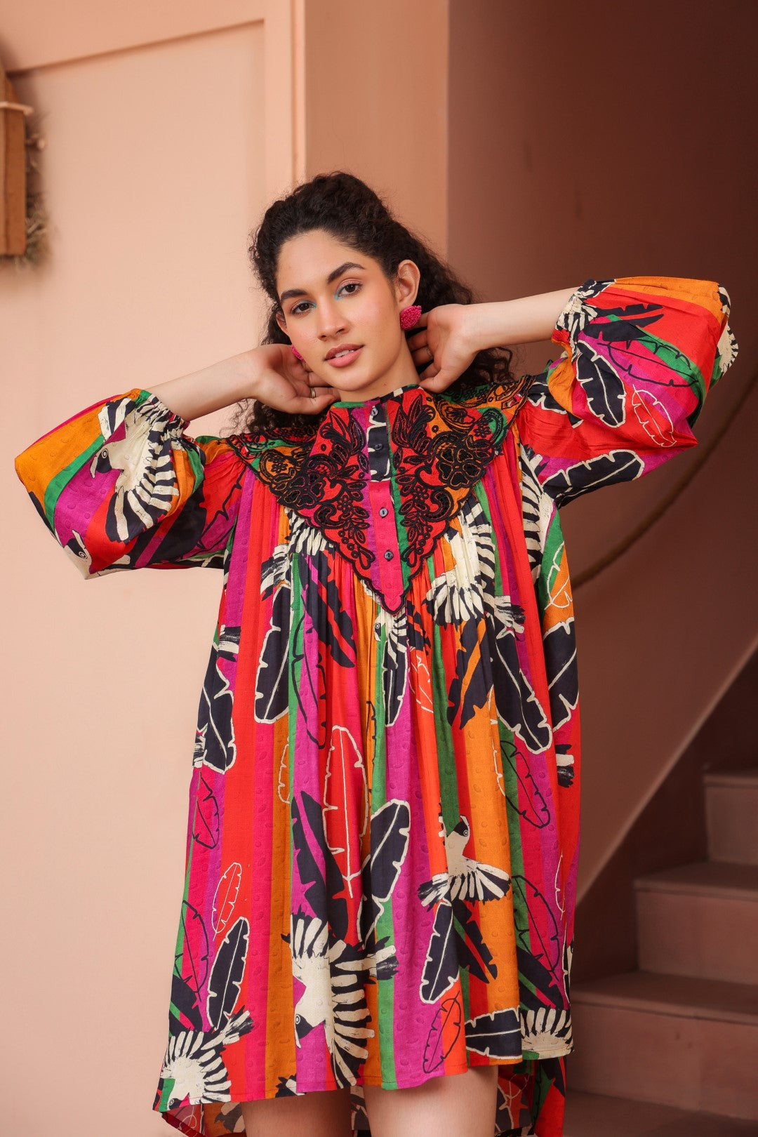 Women Viscose Shantoon Cut Work Embroidery And Beads Work Mini Dress