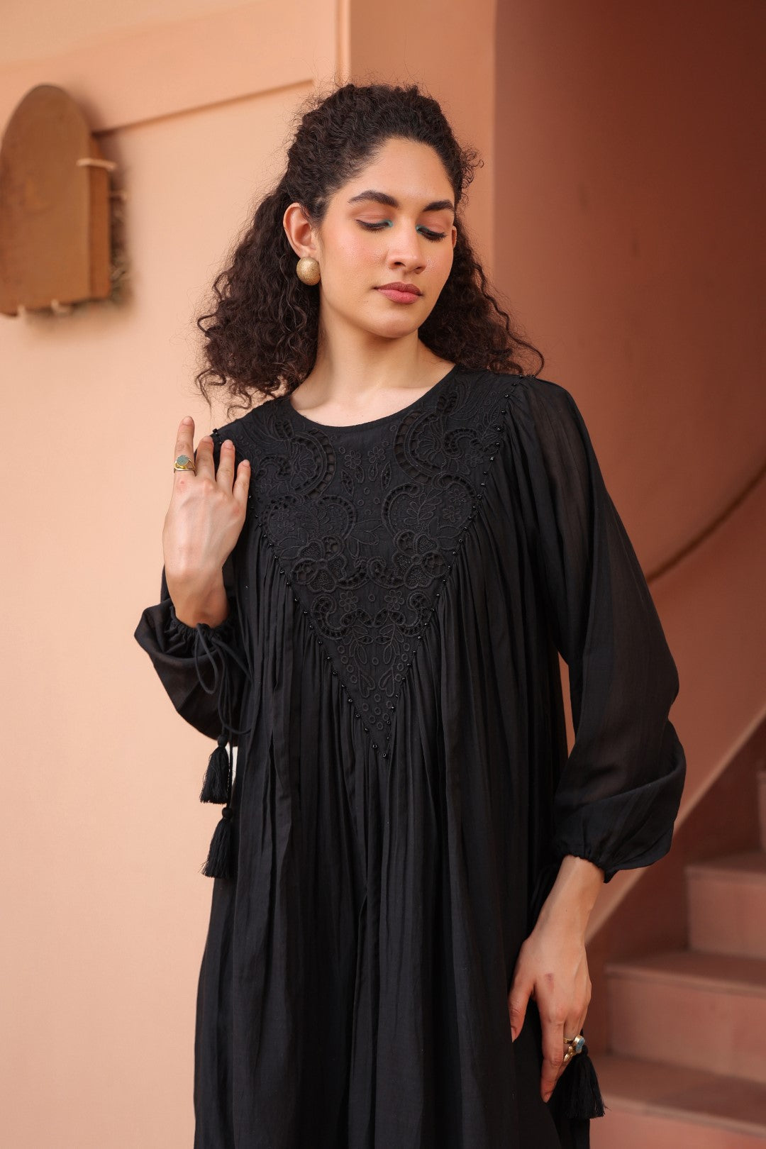 Women Black Modal Satin Embroidered Beads Word Midi Dress