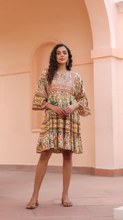 Women Viscose Digital Printed Embroidery And Beads Work  Mini Dress