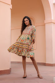 Women Viscose Digital Printed Embroidery And Beads Work  Mini Dress