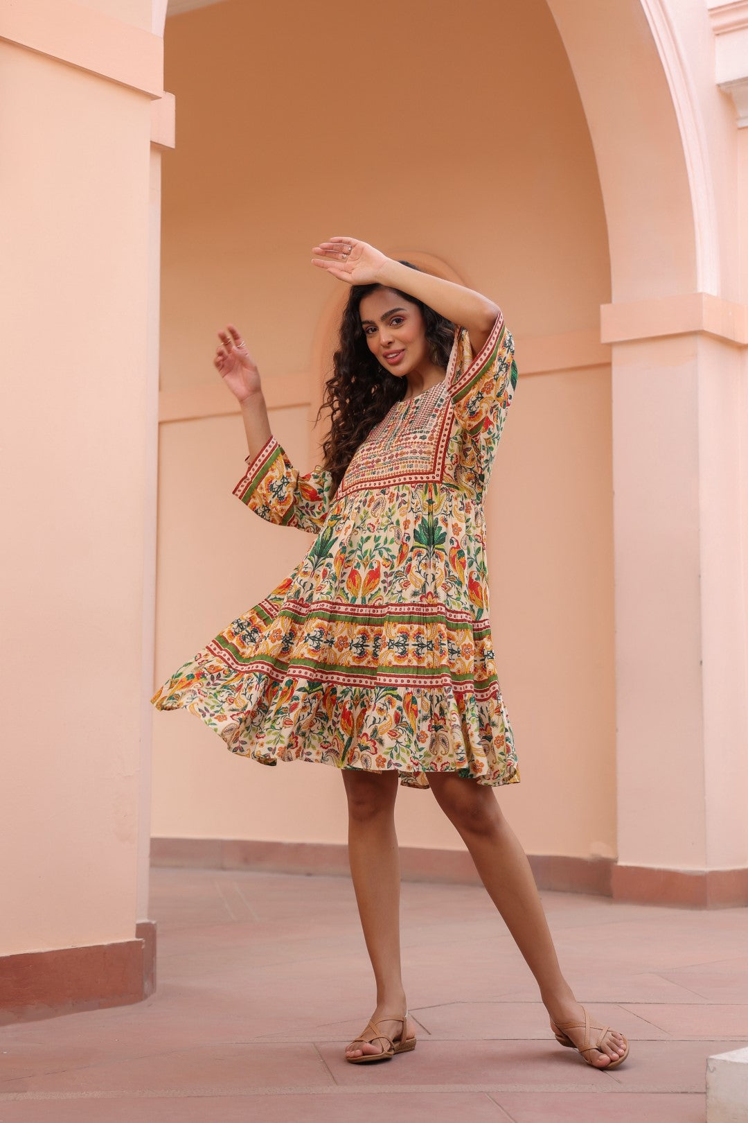 Women Viscose Digital Printed Embroidery And Beads Work  Mini Dress