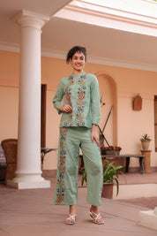 Women Green Cotton Embroidered Co-Ord Set