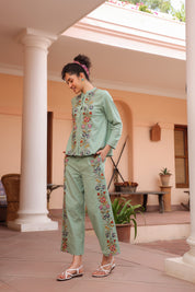 Women Green Cotton Embroidered Co-Ord Set