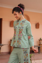 Women Green Cotton Embroidered Co-Ord Set