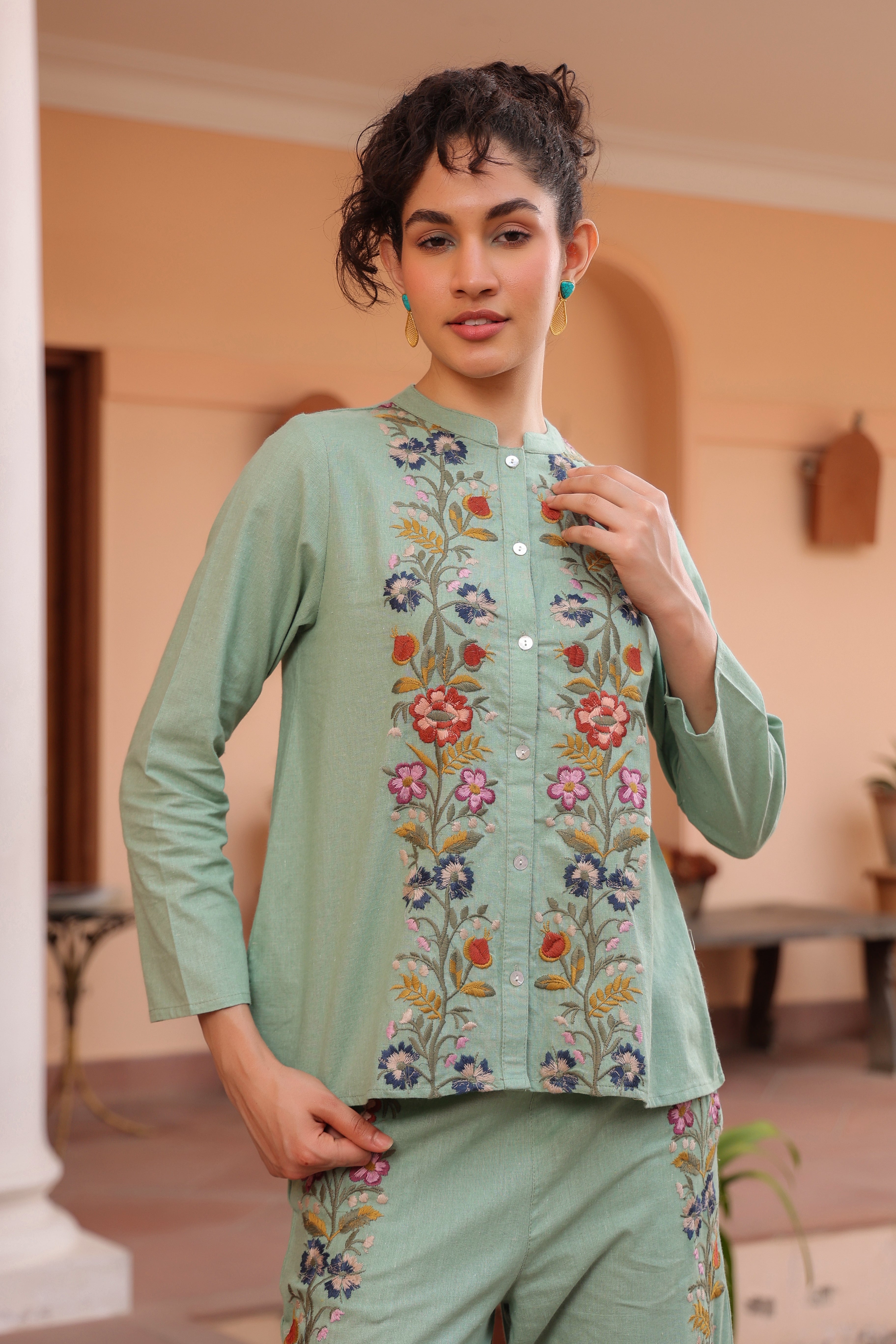 Women Green Cotton Embroidered Co-Ord Set