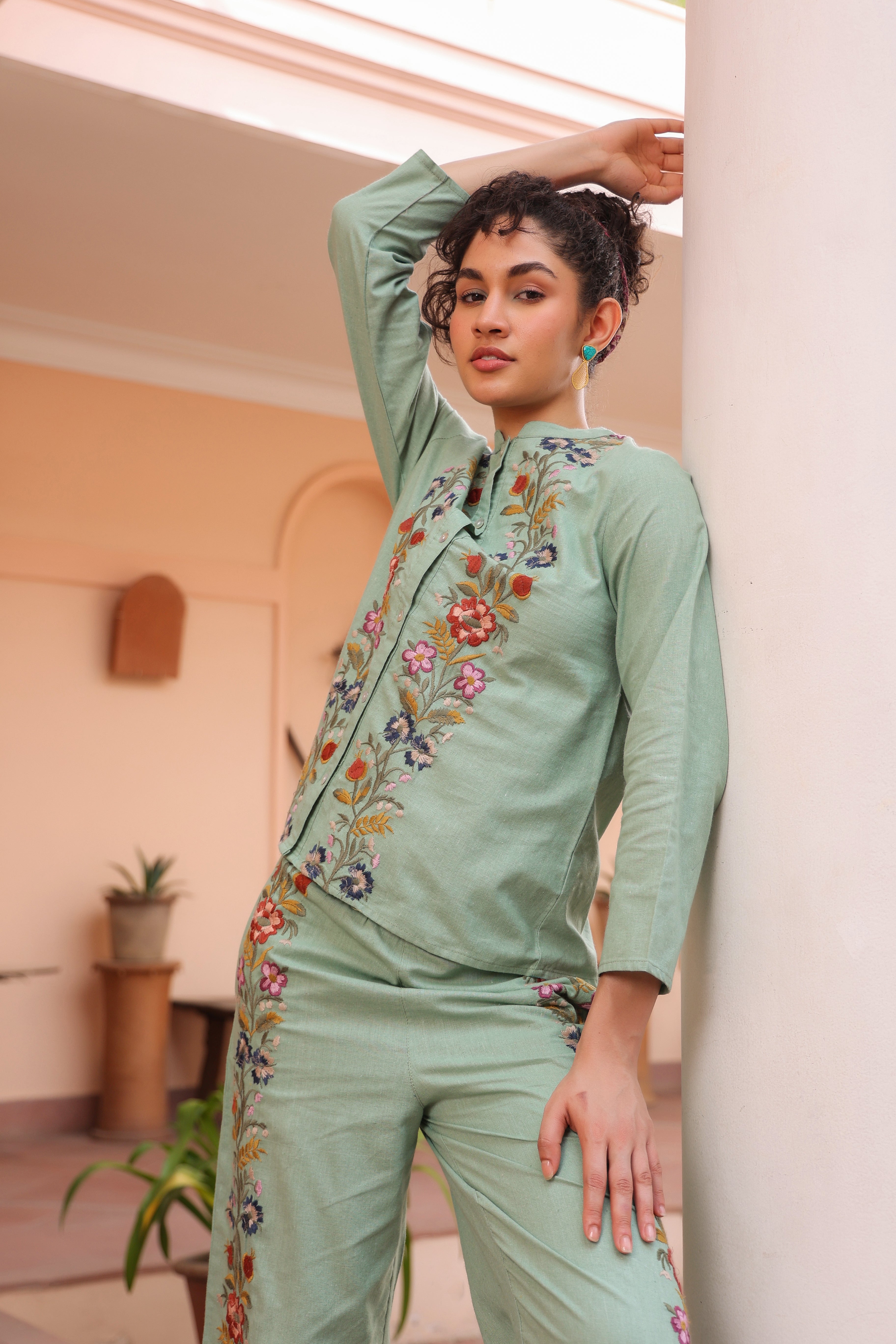 Women Green Cotton Embroidered Co-Ord Set