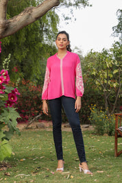 Women Rayon Pink Embroidered Laces Work Top