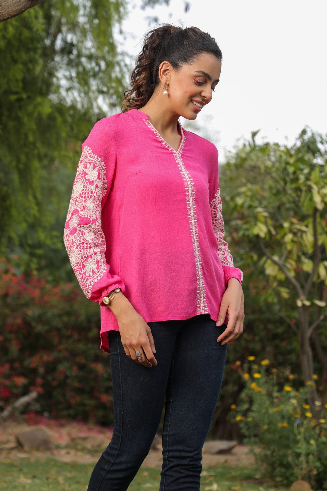 Women Rayon Pink Embroidered Laces Work Top