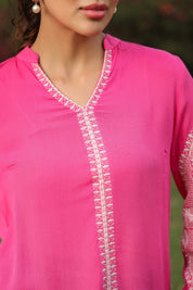 Women Rayon Pink Embroidered Laces Work Top