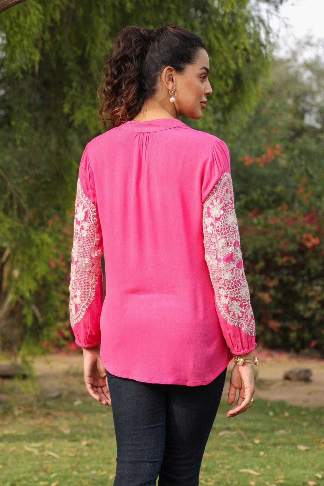 Women Rayon Pink Embroidered Laces Work Top