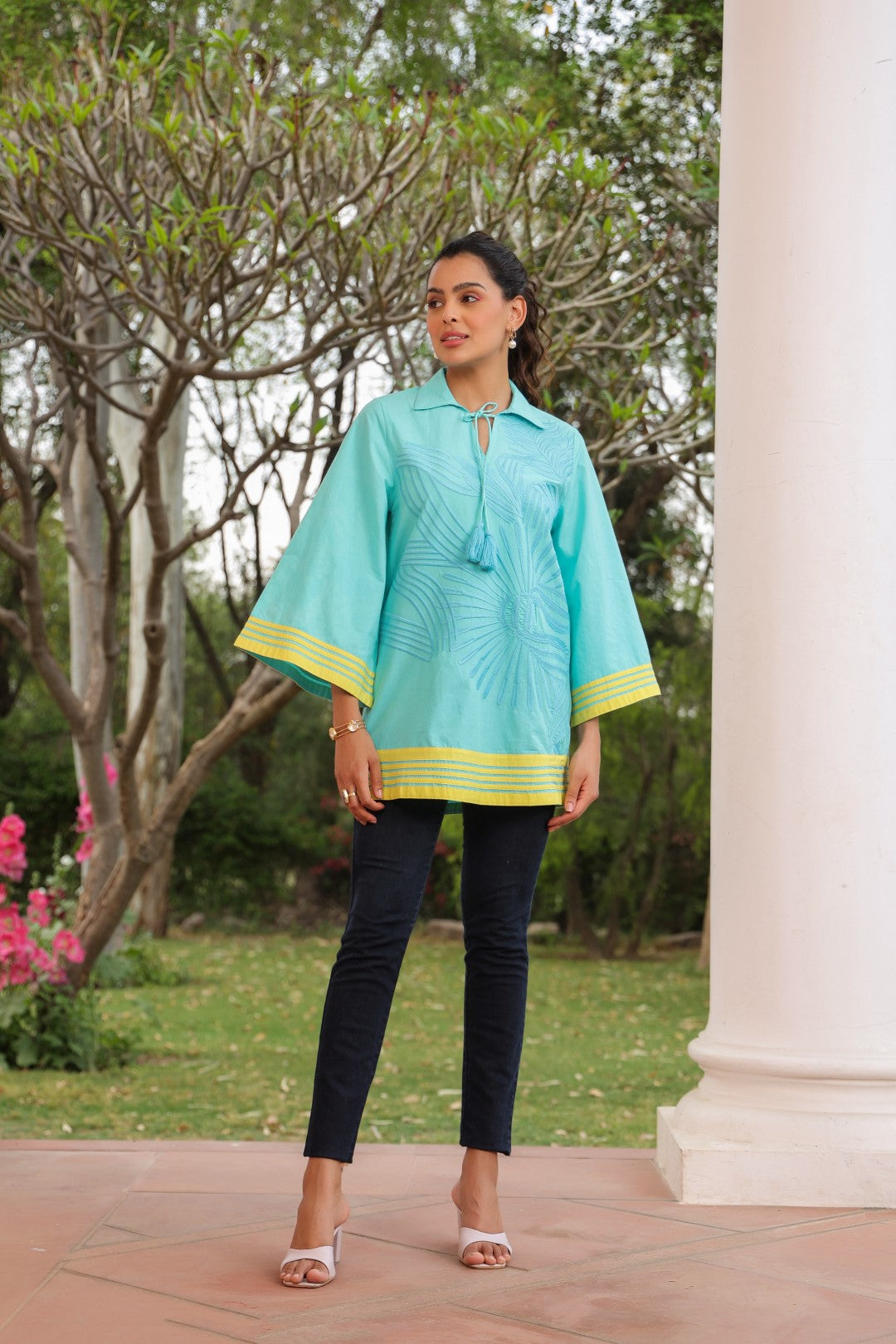 Women Cotton Sea Green Embroidered  Work Top