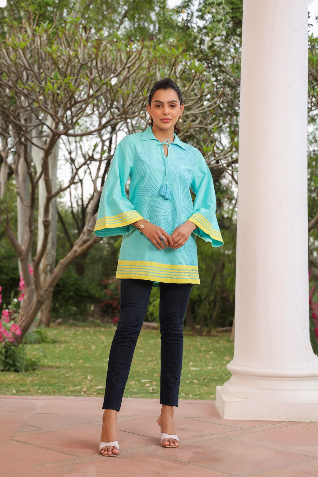 Women Cotton Sea Green Embroidered  Work Top