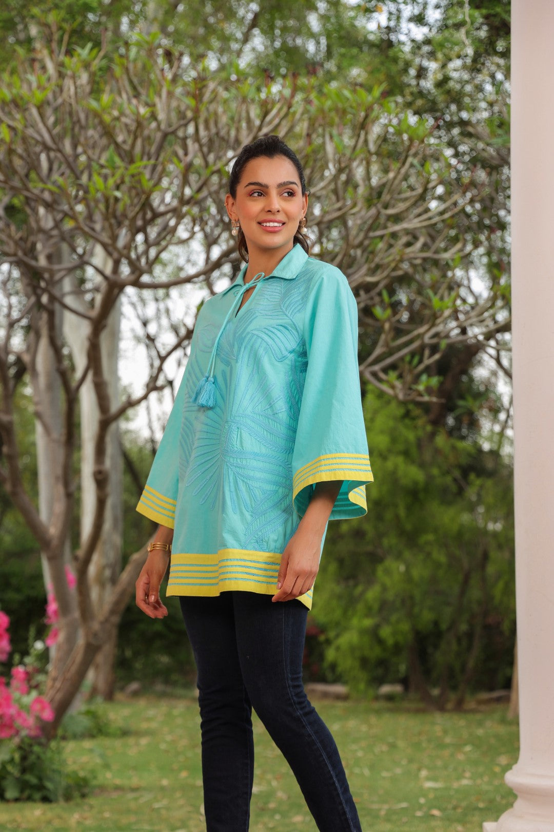 Women Cotton Sea Green Embroidered  Work Top