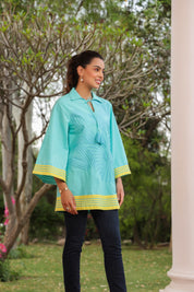 Women Cotton Sea Green Embroidered  Work Top