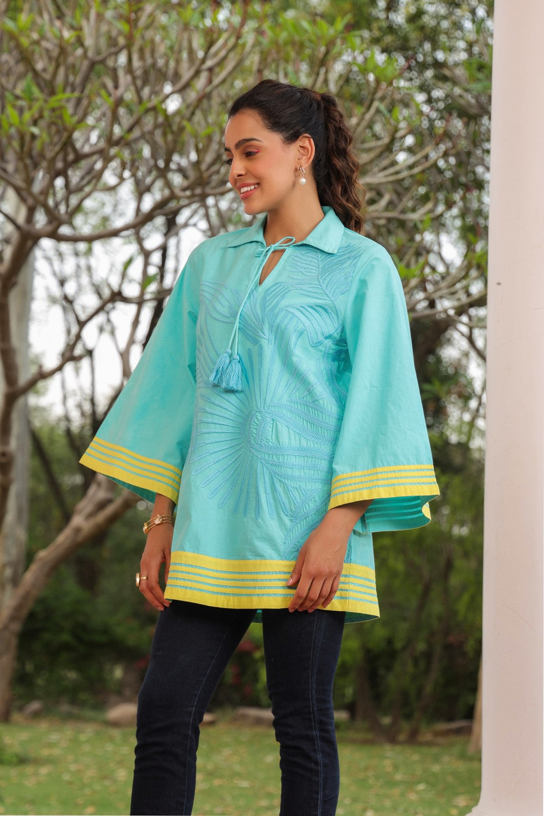 Women Cotton Sea Green Embroidered  Work Top