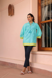 Women Cotton Sea Green Embroidered  Work Top