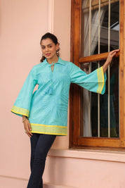 Women Cotton Sea Green Embroidered  Work Top