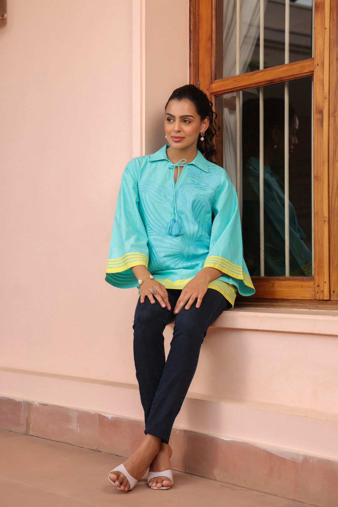 Women Cotton Sea Green Embroidered  Work Top