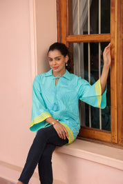 Women Cotton Sea Green Embroidered  Work Top