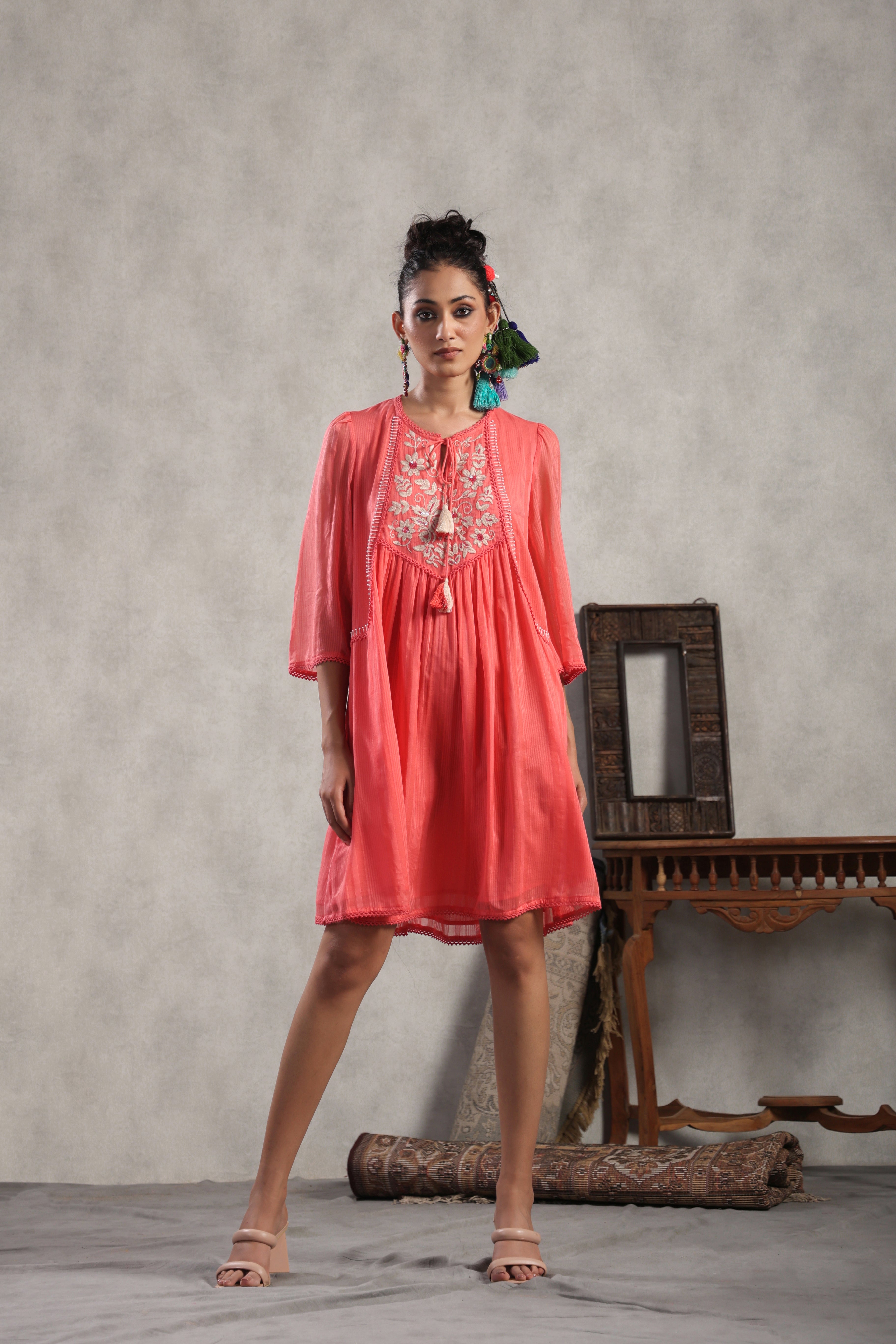 Women Cotton Embroidered Flared Mini Dress