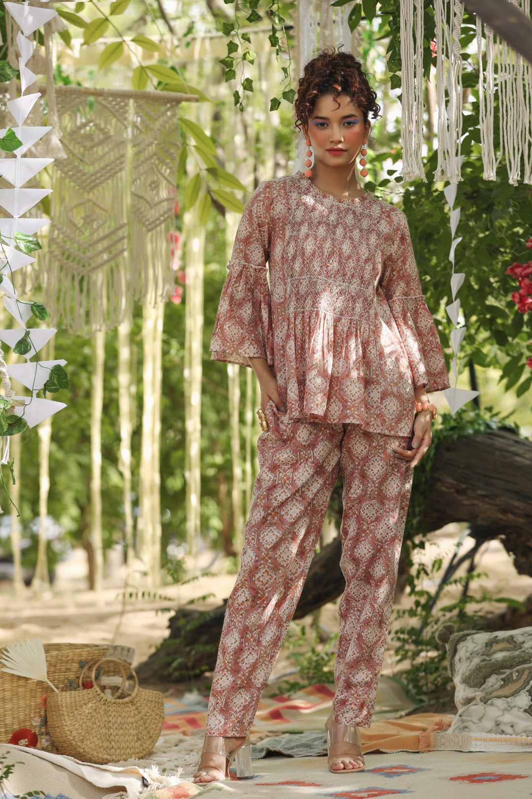 Women Cotton Floral Printed & Smocking Co-Ord Set