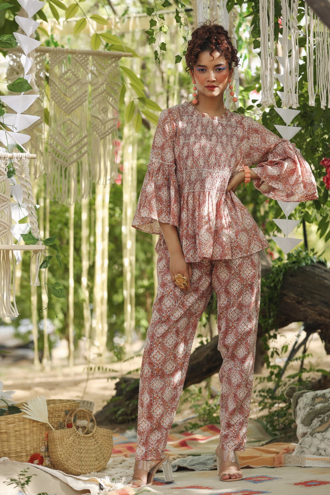 Women Cotton Floral Printed & Smocking Co-Ord Set