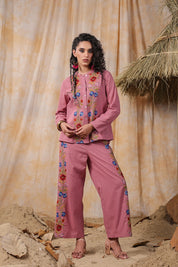 Women Pink  Cotton Embroidered Co-Ord Set