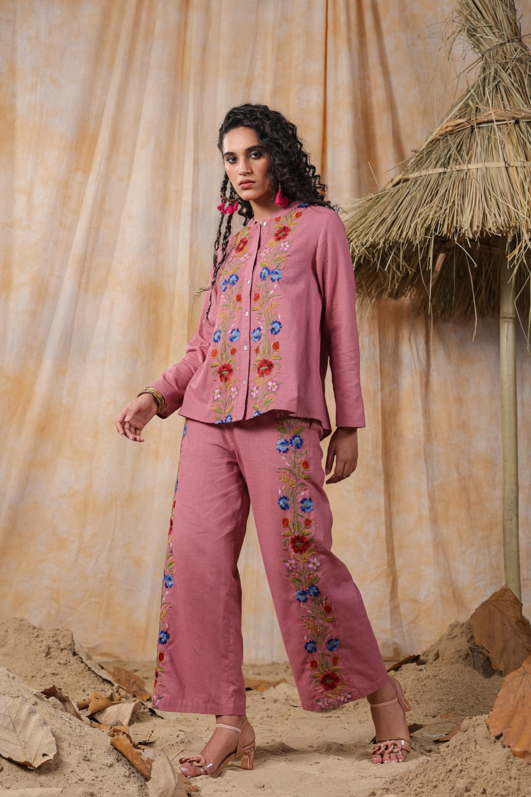 Women Pink  Cotton Embroidered Co-Ord Set