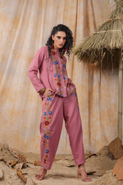 Women Pink  Cotton Embroidered Co-Ord Set