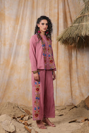 Women Pink  Cotton Embroidered Co-Ord Set