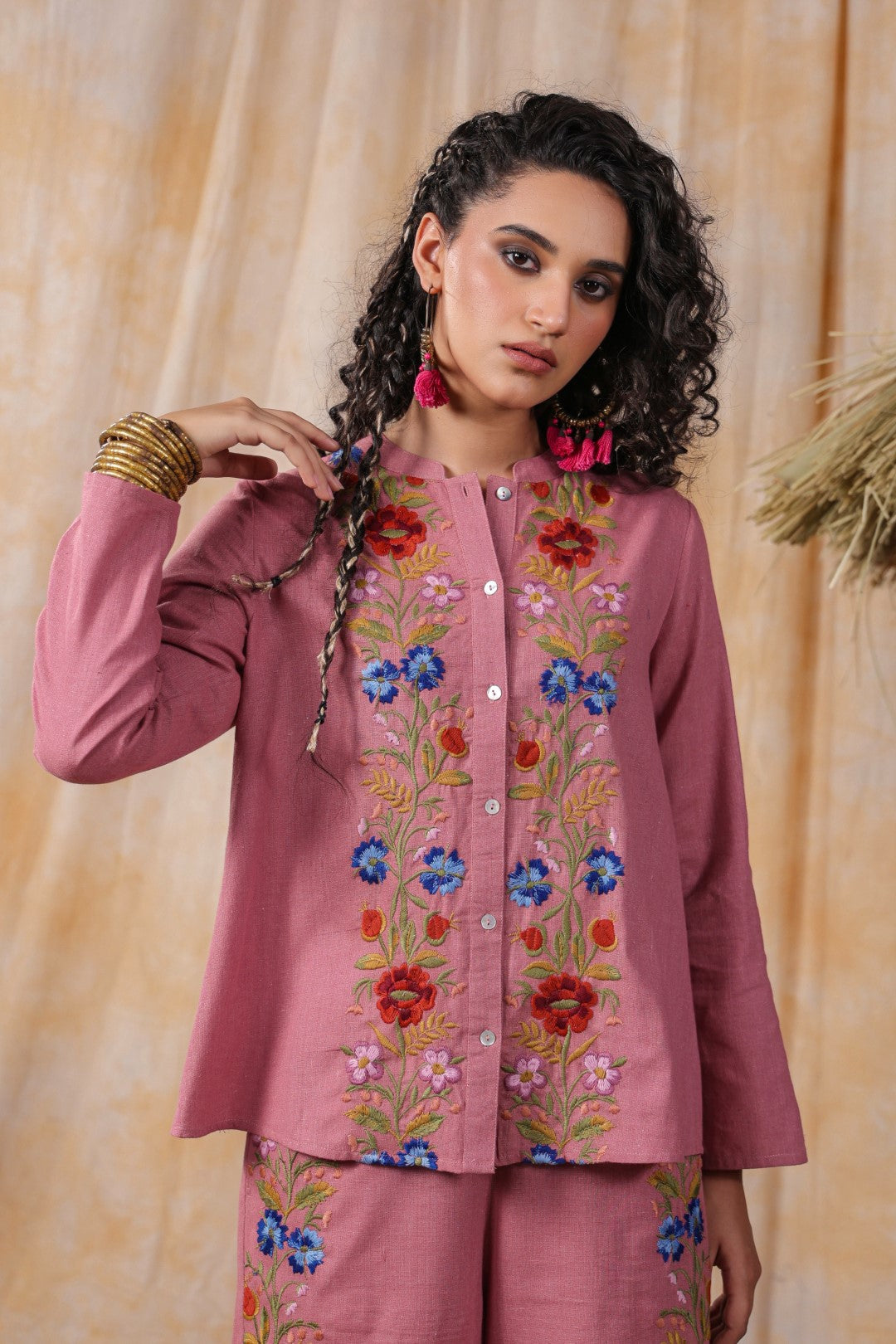 Women Pink  Cotton Embroidered Co-Ord Set