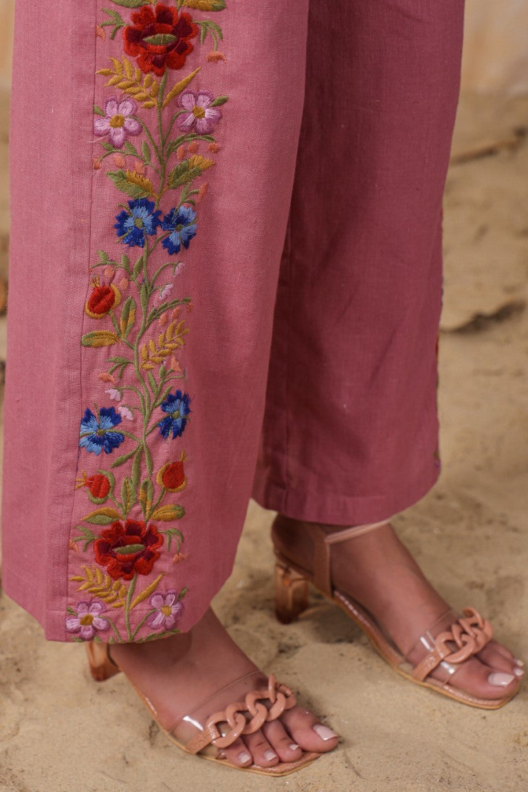 Women Pink  Cotton Embroidered Co-Ord Set