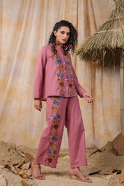 Women Pink  Cotton Embroidered Co-Ord Set