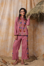 Women Pink  Cotton Embroidered Co-Ord Set