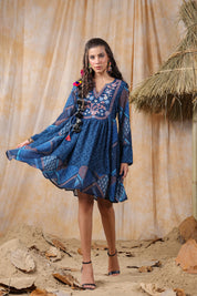 Women Viscose Georgette Printed & Embroidery Mini Flared  Dress