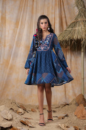 Women Viscose Georgette Printed & Embroidery Mini Flared  Dress