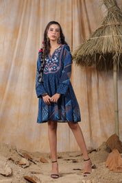 Women Viscose Georgette Printed & Embroidery Mini Flared  Dress